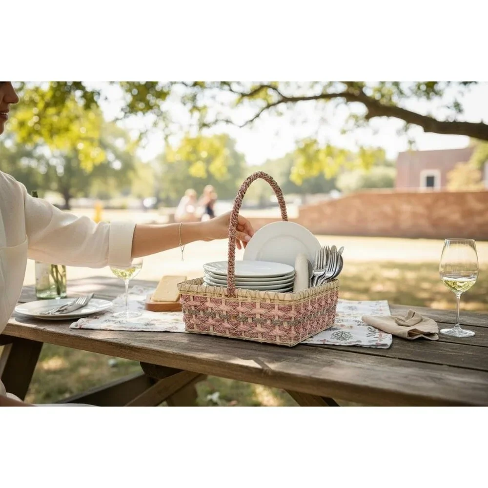 Woven Picnic Basket With Handle - Pink & Beige - 12